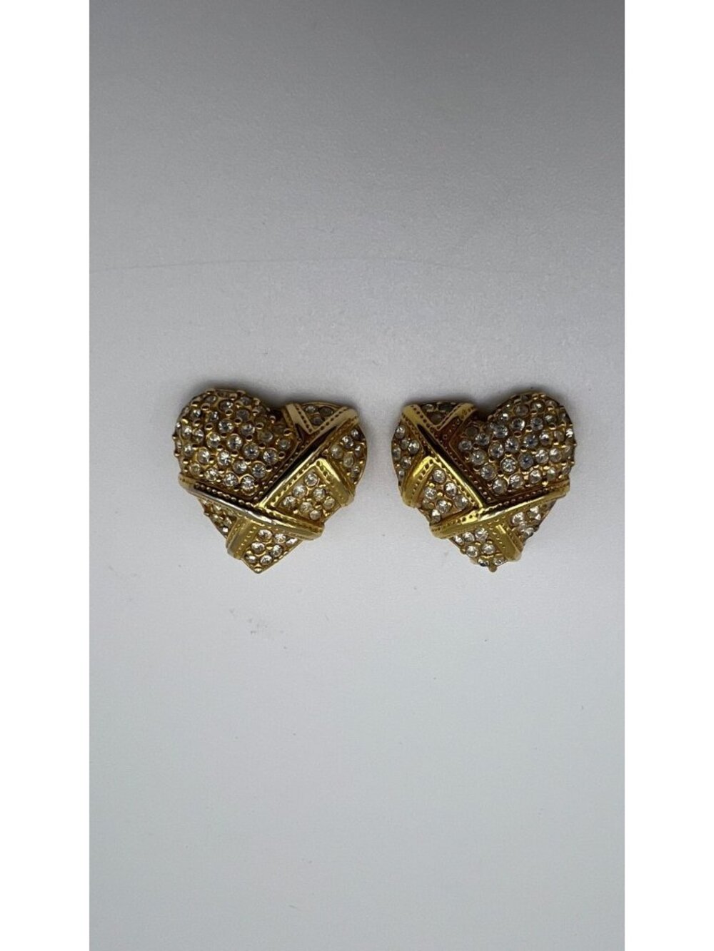 Heart-Shaped Gold Clip-On Earrings With Rhinestones By GARNAY